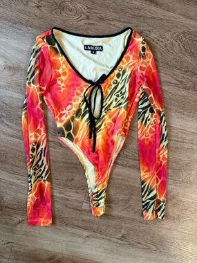 I.AM.GIA Girls' Neon Orange & Pink Animal Print One-Piece Bodysuit